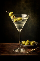 Vodka martini, classic alcoholic cocktail drink with green olives
