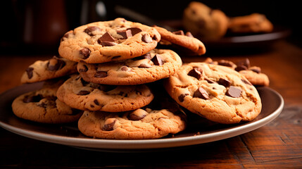 Naklejka premium Healthy oatmeal cookies with chocolate in a plate on a wooden table.