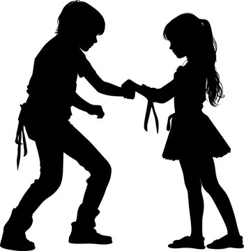 Two children talking, black silhouettes conceptual. AI generated illustration.