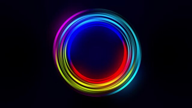 Colorful ring of rainbow streaks evolving and glowing as they spin. Expands on opening and runs for 00:15. Great for motion graphics and use as an overlay for corporate and artistic logos. 4K.