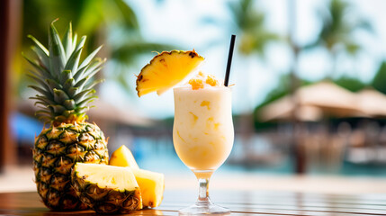 Delicious pina colada cocktail on the background of the sea of the pool - obrazy, fototapety, plakaty