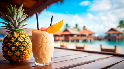 Delicious pina colada cocktail on the background of the sea of the pool