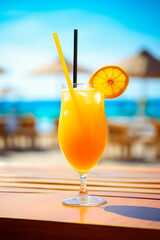 Orange cocktail, concept of fresh tasty summer citrus cocktail on sea background.