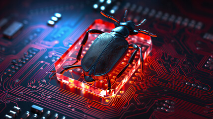 Red light glowing computer bug perched on microchip