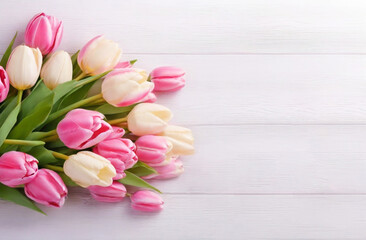 Background with bouquet of tulips . AI
