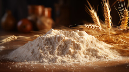 a plate of flour on the table, wheat spikelets in the background