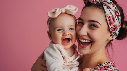 Portrait of a happy smiling mother and baby in pink backdrop