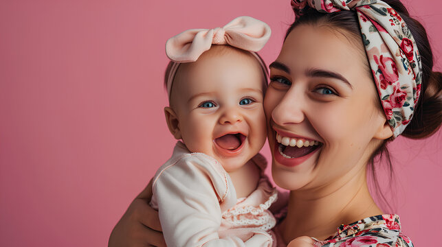 Portrait of a happy smiling mother and baby in pink backdrop