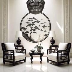 Beautiful chinese white black sitting area images Generative AI