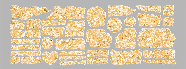 Vector glitter gold paper strips with torn edges. Unique glittering isolated stickers. Chic festive photo or note sticker for ad, print or web, layout element, clip-art, scrapbook embellishment