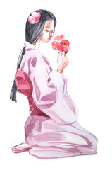 Beautiful asian woman design. Watercolor hand painted eastern girl illustration isolated on a white background. Oriental concept clipart.