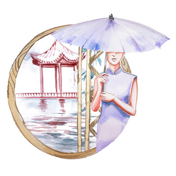 recommend clip art: Beautiful asian woman in kimono clothes with umbrella  stands at the window  design. Watercolor  eastern girl and asian building  illustration isolated on white background. Oriental lanscape clipart. 