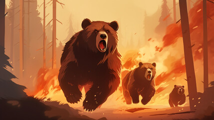 Scared bear family runs away from forest fire