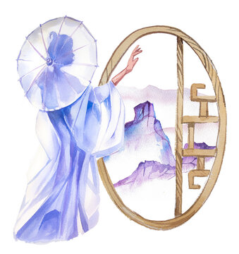 recommend clip art: Beautiful asian woman in kimono clothes with umbrella  stands at the window  design. Watercolor  eastern girl and asian building  illustration isolated on white background. Oriental lanscape clipart. 