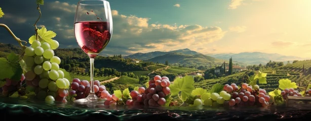 Foto op Plexiglas Wine in front of a lush vineyard green background © Photo And Art Panda