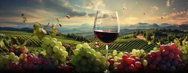 Wine in front of a lush vineyard green background