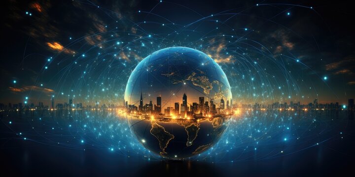 Futuristic globe with digital lights and lines.