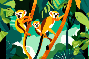 Squirrel monkeys swinging in vines. vektor icon illustation