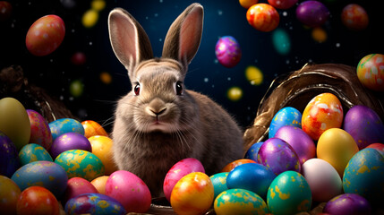 rabbit and multi-colored eggs on a dark background. easter