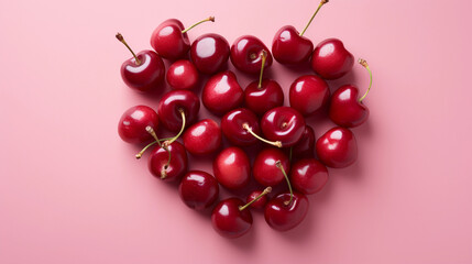 Romantic Heart-Shaped Cherry Arrangement on Pinkish-Red Background