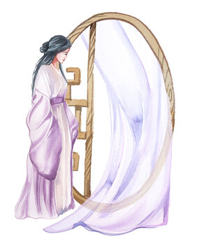 recommend clip art: Beautiful asian woman in kimono clothes  stands at the window  design. Watercolor  eastern girl and asian building  illustration isolated on white background. Oriental lanscape clipart. 