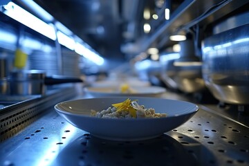 Close-up of a plate with food on a steel bench in a modern kitchen of a restaurant without people....