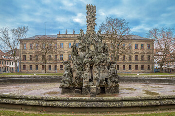Huguenot Fountain with Friedrich-Alexander-Universitat in background, Erlangen, Germany - 702904943