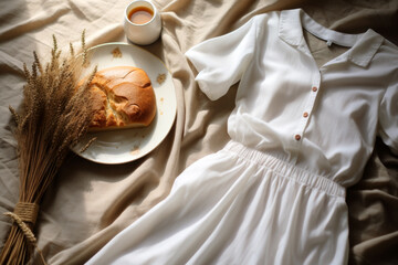 Fresh bread and milk on a bed with a white dress. The concept evokes comfort and homemade simplicity.