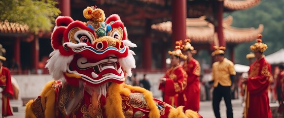 Chinese traditional lion dance costume performing at a temple in China - obrazy, fototapety, plakaty