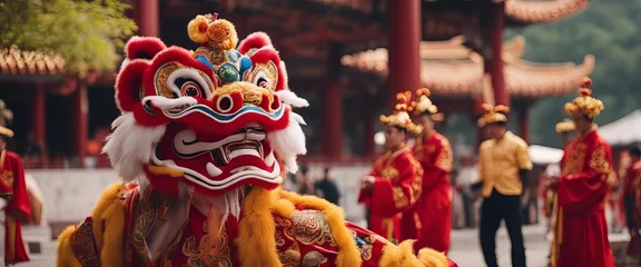Gordijnen Chinese traditional lion dance costume performing at a temple in China © Adi