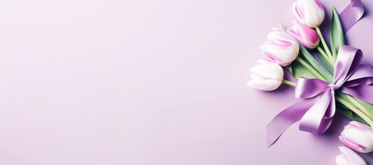 Fototapeta premium Beautiful pink and white tulips with satin ribbon, pink background. Postcard template Women's Day, March 8, Nurse's Day