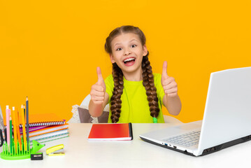 A happy child is doing homework at his desk and giving a thumbs up. A joyful little girl enjoys online distance education. Children's remote education.