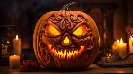 A close-up shot of a perfectly carved jack-o'-lantern with intricate details, illuminated from within by a flickering candle, casting a warm glow.