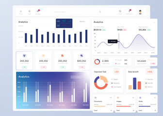 UI UX Infographic dashboard. UI design with graphs, charts and diagrams. Web interface template