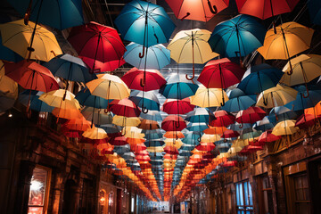 Fototapeta na wymiar A rainbow of umbrellas, hung playfully, form a delightful canopy above a lively urban street.