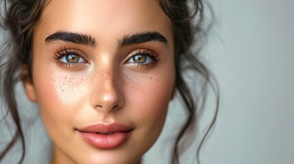 Gorgeous woman with flawless complexion and stunning eye makeup, posing in a white studio for a beauty spa and cosmetic treatment advertisement featuring face lifting and dermal filler procedures. - obrazy, fototapety, plakaty