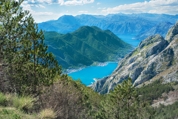Fototapeta na wymiar View of the historical city of Kotor and the bay from the heights of Mount Lovcen