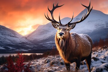 A stunning Winter sunrise in the Scottish Highlands, with a red deer stag and mountain peaks illuminated by a beautiful Alpen Glow composite image.