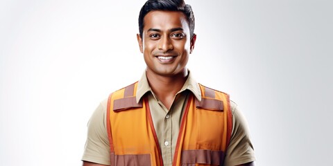 Smiling builder in safety gear for construction project on white backdrop.