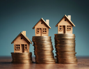 mortgage concept stacks of coins with simple wooden house