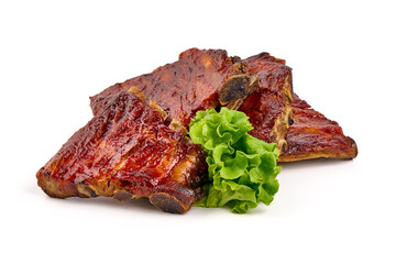 Delicious Grilled Ribs with bbq sauce, isolated on a white background. Close-up.