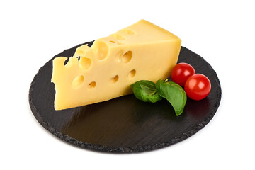 Maasdam cheese, isolated on white background.