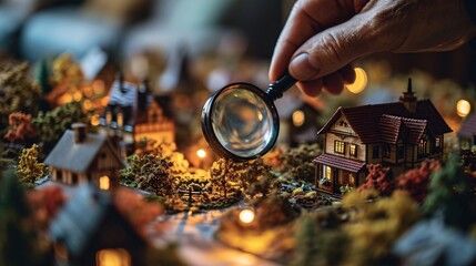 Man's hand using magnifying glass symbol to seek information about a model wooden house, for locating ads to rent or purchase a home. SEO. - obrazy, fototapety, plakaty