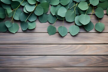 Close-up of eucalyptus leaves scattered gracefully on a weathered wooden surface, creating a serene flat lay setting with ample copy space.
