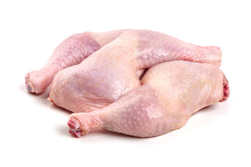 Raw chicken leg quarters, isolated on white background. High resolution image.