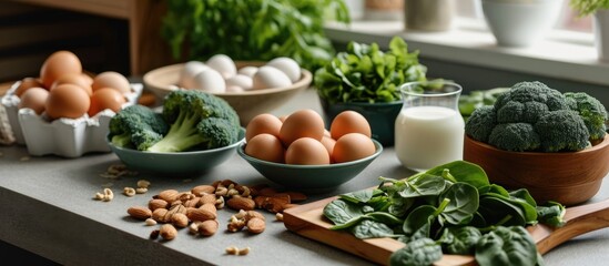 Choline-rich foods essential for the body include eggs, broccoli, nuts, milk, dairy, spinach, and arugula, with the chemical structural formula of the choline molecule. - obrazy, fototapety, plakaty
