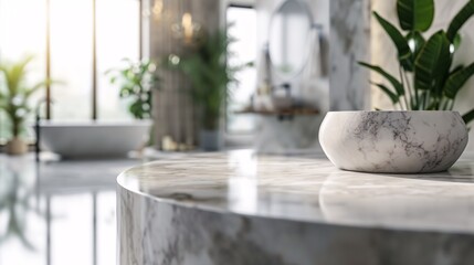 Marble stand for showcasing bath items on hazy restroom backdrop.