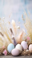 Decorated Easter eggs background. Happy Easter concept. Colorful dyed chocolate eggs. Stylish tender spring template with space for text. Greeting card wallpaper banner web poster print.