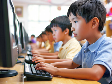 Asian little boy using computer to learn lessons in elementary school. Student boy studying in primary. Children with gadgets. Education knowledge, technology internet network concept