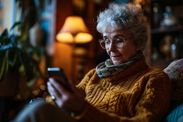 Obraz premium Elderly woman utilizing her cellphone to stay in touch with family and friends.